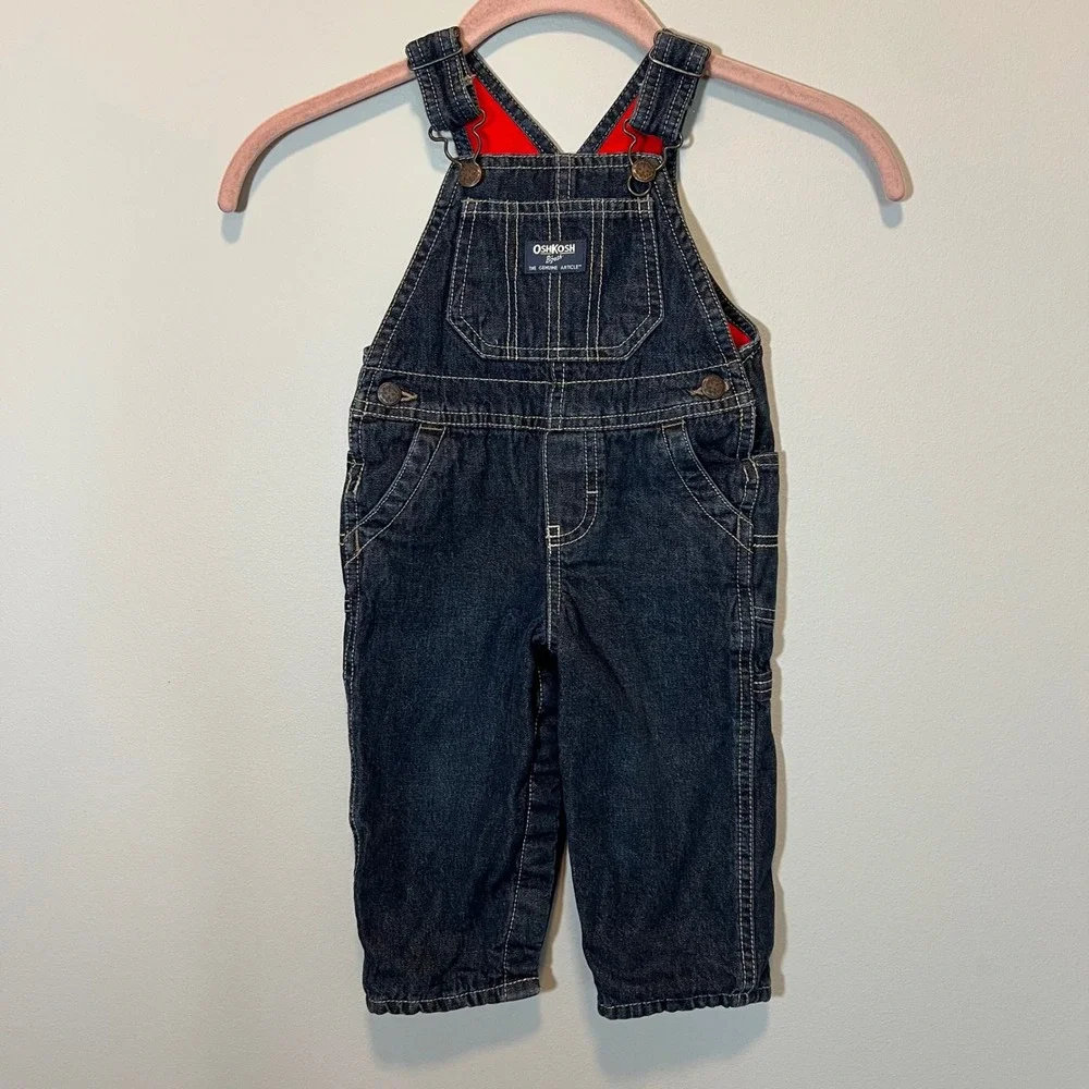 OshKosh B'gosh Kids 12M Dark Wash Denim Fleece Lined Overalls Red Lining